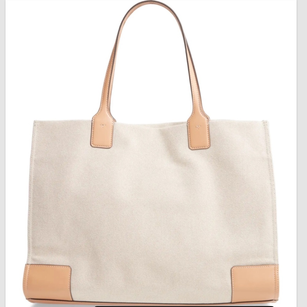 New ! Tory Burch Canvas Tan LARGE  Ella Color Block Logo Tote Bag - Picture 2 of 6